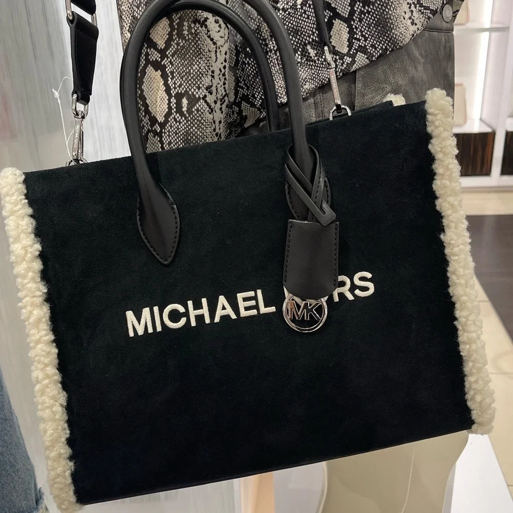 MICHAEL KORS Mirella Medium Suede and Faux Shearling Tote Bag Black  NWT